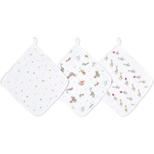 aden + anais Essentials Classic Washcloth Set, Super Soft 100% Cotton Muslin, 3-Pack, Elephant Circus