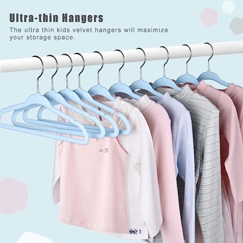 BAGAIL Kids Velvet Hangers 11 Inches Children's Clothes Hangers Non-Slip Baby Hangers for Infant/Toddler (Babyblue,50pack)