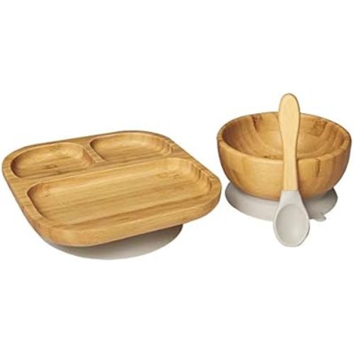Baby Toddler Stay Put Dish, Kids Suction Plate & Bowl & Spoon, Bamboo Cute Dinnerware (Grey Set)