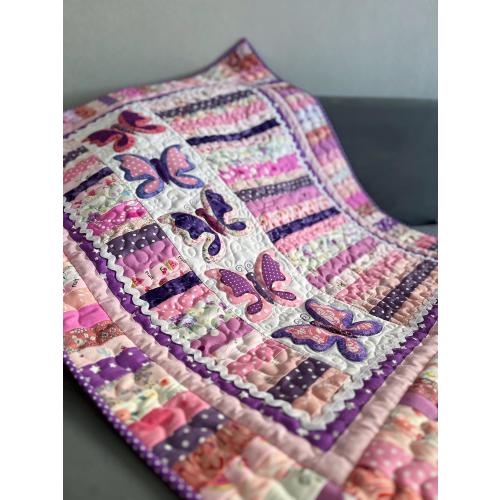 Butterfly Baby Quilt – Pink-purple Handmade Patchwork Blanket – Crib or Stroller Gift, 30x40 inches