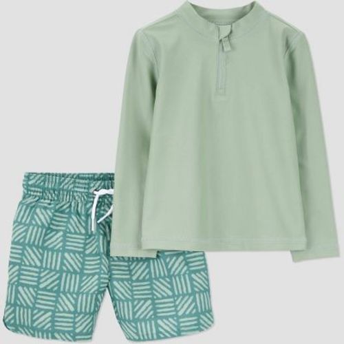 Carter's Just One You®️Baby Boys' Long Sleeve Solid Rash Guard and Trunk Set - Green 18M: UPF 50+, Geometric Pattern