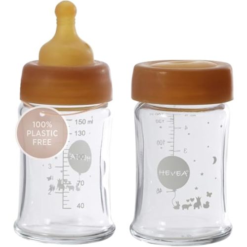 HEVEA Wide Neck Glass Baby Bottles - Slow Flow Anti Colic Baby Bottles Newborn 0+ Months - Planet-Friendly, BPA-Free, Two-Pack (5 Oz)