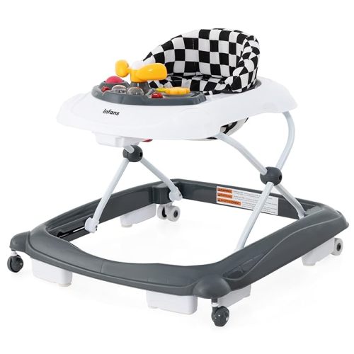 INFANS Foldable Baby Walker, 3 in 1 Toddler Walker Leaning-Seated Walk-Behind with Removable Music Tray, Adjustable Height, Washable Seat Cushion for Boys and Girls (Checkerboard)
