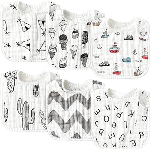 Zainpe 6Pcs Snap Muslin Cotton Baby Bibs Summer Ice Cream Pattern Infants Drool Bib Soft Absorbent Adjustable Burp Cloths Feeding Cloth for Newborns Girls Boys Toddlers Teething Eating 0 to 36 Months