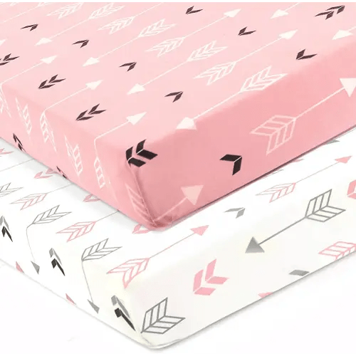 Stretchy Fitted Crib Sheets Set BROLEX 2 Pack Portable Crib Mattress Topper for Baby Girls Boys,Ultra Soft Jersey,Full Standard,Pink & White Arrow