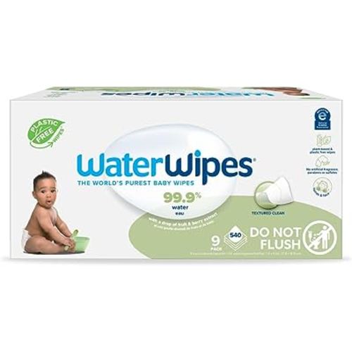 WaterWipes Plastic-Free Textured Clean, Toddler & Baby Wipes, 99.9% Water Based Wipes, Unscented & Hypoallergenic for Sensitive Skin, 540 Count (9 packs), Packaging May Vary