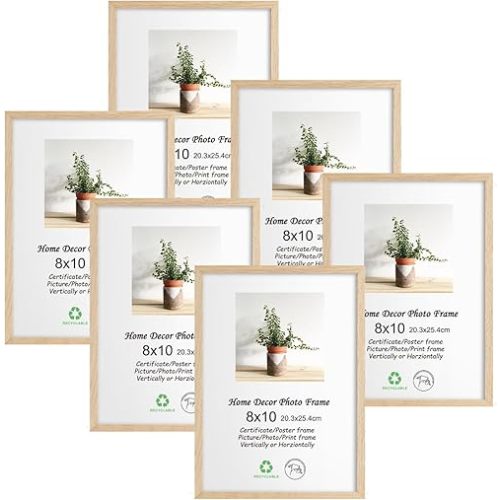 8x10 Oak Wood Picture Frame 6 Pack Wooden Photo Frame Natural Solid Wood Grain Color Frame with glass for Wall Hanging or Tabletop Display