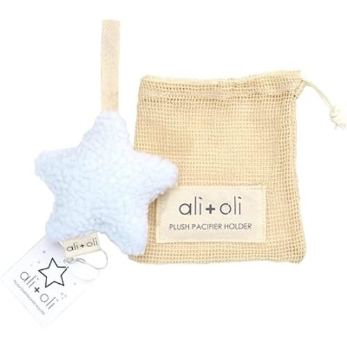 Ali+Oli Plush Pacifier Holder (Star-White) Soft Binky Holder for Babies, Plush Holder for Pacifiers, Cute Baby Binkies Plush Holder, Pacifier Holder for Baby Boys & Girls, Baby Toy with Cute Decor