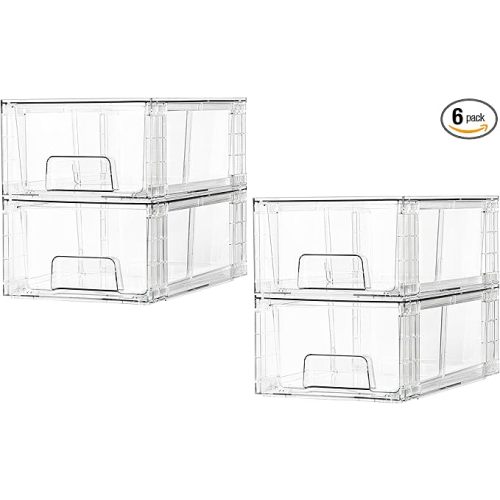 Vtopmart 4 Pack Stackable Storage Drawers,Clear Acrylic Drawer Organizers with Handles, Easily Assemble for Fridge, Bathroom,Kitchen Undersink,Cabinet,Pantry Organization and Storage