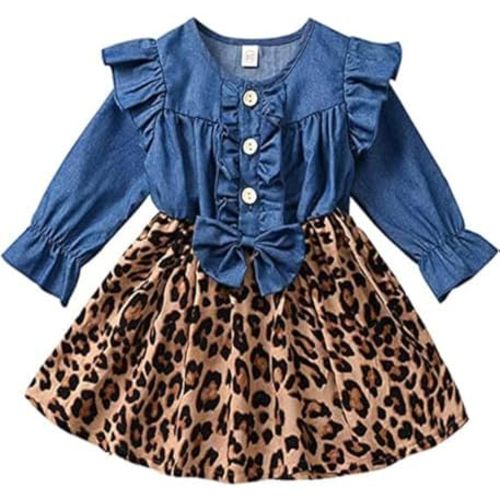 Toddler Baby Girl Denim Bowknot Dress Ruffled Button Dresses Outfit