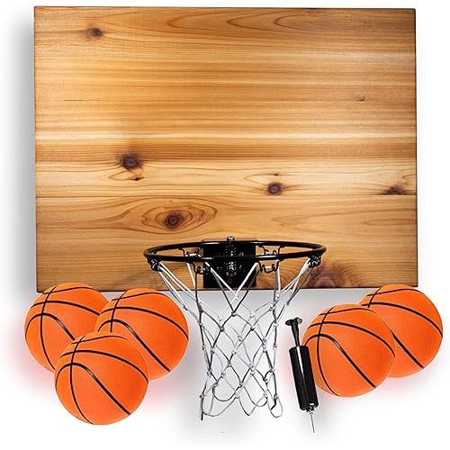Elite Mini Basketball Hoop & Ball Set, Wall Mount, Indoor Made in The USA Cedar Backboard. Includes 9” Hoop, Net, Pump & 5 Mini Basketballs.