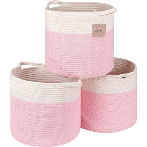 voten Pink Storage Cubes 13x13’’ for Cube Shelves Organzier,Cotton Rope Storage Bin,Cube Storage Bin 13x13’’ for Closet,Toys,Multipurpose Woven Storage Basket for Storage/Organizing,3Packs Round