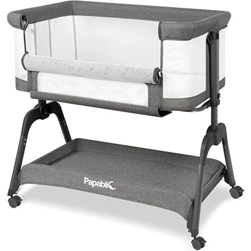 Papablic Baby Bassinet, Bedside Bassinet for Baby with Four-Sided Breathable Mesh & Soft Mattress, Adjustable Bedside Sleeper with Storage Basket and Wheels, Easy to Assemble, Grey
