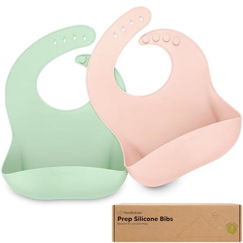 KeaBabies 2-Pack Silicone Bibs for Babies, Toddlers Girl, Boy – Sturdy Food-Grade Baby Bibs for Eating, Large Food Catcher, Clean & Put On Easily, Waterproof Toddler Feeding Essentials (Mellow)