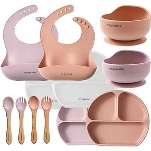 Baby Feeding Essentials Silicone Ange Smile 12 Set Bib, Baby Bowl, Suction Plate, Spoon, Fork Eating Utensils for 6+ Months Kids Toddler Kawaii Pink Peach
