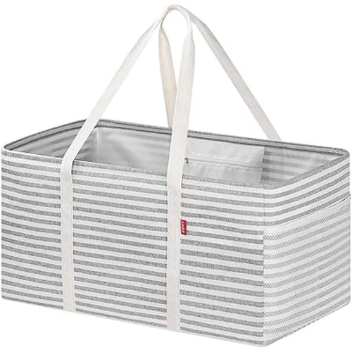 LHZK Standing Extra Large Utility Tote Bag with Metal Wire Frame and the Sides Rinforced, Extra Large Tote Bag with Handle, Reusable Grocery Bags Foldable, Beach Bag, Car Tote (Grey, 26''x15''x13'')