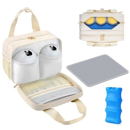 PIIOSER Breastmilk Cooler Bag with Ice Pack, Compatible with Wearable Breast Pumps & Accessories - Portable Pumps Carrying Case for Nursing & Working Moms, Cream