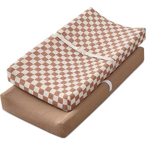 Blissful Diary Muslin Changing Pad Cover for Baby Girls Boys, Ultra Soft Breathable Cotton, Baby Diaper Change Table Pad Covers, 2Pack (Checkered Brown & Brown)