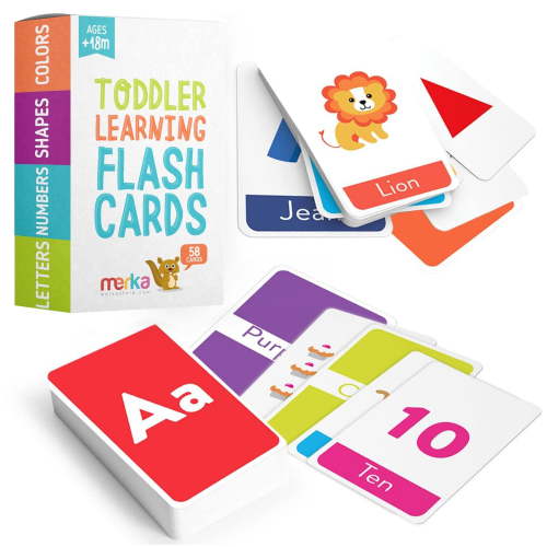 merka Toddler Flash Cards, Set of 58 Alphabet, Letters, Colors, Shapes and Numbers, Baby Learning Cards, Educational Toys, Preschool, Toddler Flashcards, Double-Sided