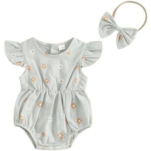 Newborn Baby Girl Romper Floral Ruffle Sleeveless Jumpsuit Cotton Bodysuit with Headband Summer Clothes Outfit