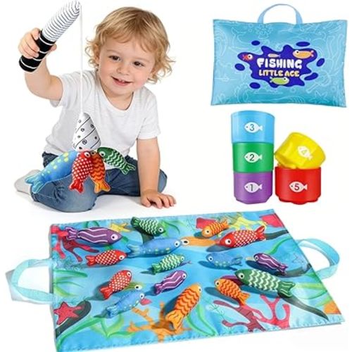 Montessori Toys for 1 Year Old, Cloth Fishing Game for Toddlers 1-3 with Stacking Cups, Baby Boy Girl First Birthday Gift, Color Sorting | Number Counting | Shape Learning