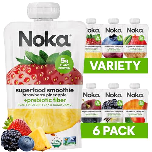 Noka Superfood Fruit Smoothie Pouches Variety Pack, Healthy Snacks with Flax Seed, Plant Protein and Prebiotic Fiber, Vegan and Gluten Free Snacks, Made in USA, Organic Squeeze Pouch, 4.22 oz, 6 Count