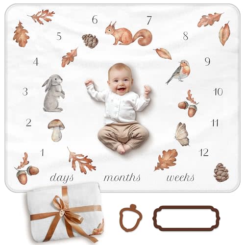 Monthly Baby Milestone Blanket – Woodland Animals & Leaves Design in Brown, White & Beige – Soft Fleece 40"x50" for Boys or Girls – Includes Acorn & Frame Markers, Photo Prop