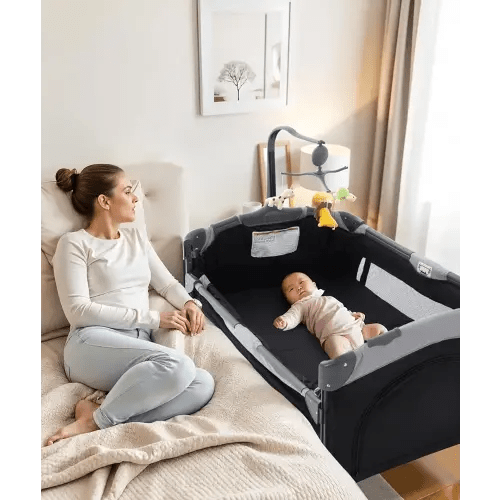 5 in 1 Bedside Sleeper,Baby Bassinet,Pack and Play with Changing Table,Portable Travel Baby Playyard Music Box,Portable Travel Bed for Infant Newborn (Gray Black)