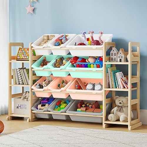 Extra Large Toy Storage - Toy Storage Organizer, Wooden Toy Organizer with 6 Side Shelves and 12 Storage Bins, 3-in-1 Toy Storage and Bookshelf for Kids Rooms, Playroom, Nursery, Multi Color