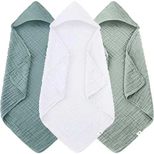 Sunny zzzZZ Muslin Hooded Baby Bath Towels - 3 Pack 100% Cotton Soft Low-Saturation Pastel Towels Including Classic White for Newborns, Infants, Toddlers - 32x32 Inch - Light Emerald and White