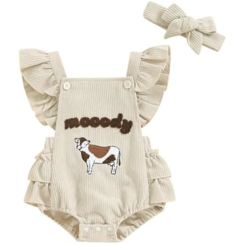 Baby Girl Valentine's Day Onesie Daddy's Little Love Embropidery Flutter Sleeveless Romper Bodysuit with Bow Headband