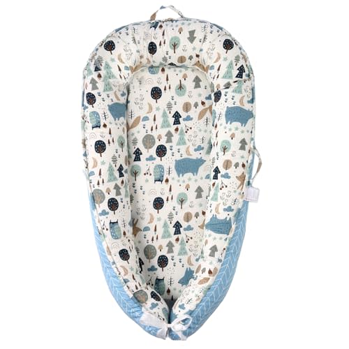 Fasando Baby Lounger, 100% Cotton 0-24 Months Breathable Soft Baby Nest Co Sleeper, Reversible Adjustable Portable Baby Lounger Nest for Newborn, Infant Lounger for Home & Travel (Blue Animals)