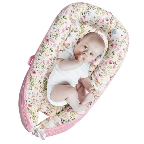 AMAWMW Baby Lounger for Newborn Infant Baby Nest Sleeper for 0-12 Months Portable Adjustable Washable Lounger Cover for Co Sleeping Removable Slipcover Lounger Pillow Floor Seat for Travel Essentials