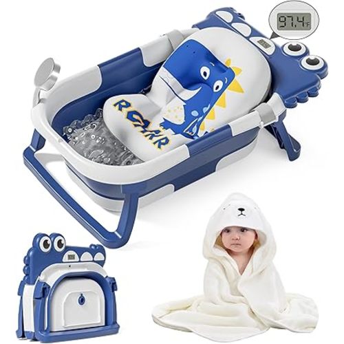 MoreFeel Collapsible Baby Bathtub for Newborn with Thermometer & 1 Hooded Towel & 1 Soft Floating Cushion,Portable Travel Bathtub with Drain Hole, Durable Foldable Baby Tubs for Infants to Toddler