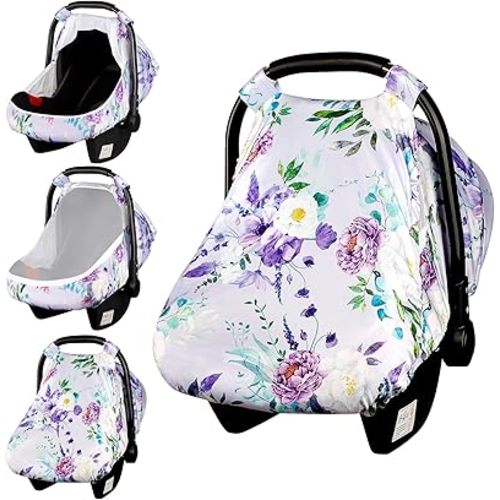Car Seat Cover Baby Girls Boys, Breathable Infant Car Seat Cover for Newborn, Lightweight Carseat Cover Canopy with Mesh Window, Purple Floral