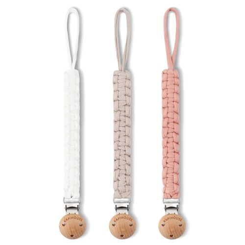 Pacifier Clip for Girl 9.2 Inch Pacifier Leashes woodern Clips Teething Toy with Handmade Braided Cotton Modern Unisex Baby Shower Birthdays Christmas Set (3 Pack Grils)