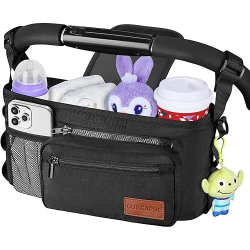 Guiseapue Universal Stroller Organizer with Cup Holder Detachable Phone Bag and Shoulder Strap, Stroller Caddy Fits for Stroller Accessories like Uppababy, Baby Jogger, Doona, Nuna Stroller