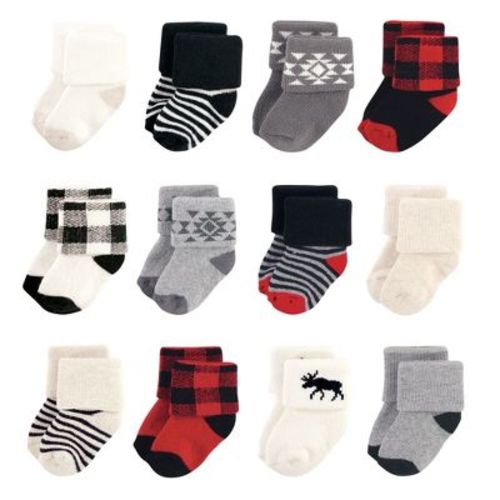 Hudson Baby Infant Boys Cotton Rich Newborn and Terry Socks, Buffalo Plaid Moose
