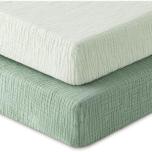 Muslin Crib Sheets for Boys Girls, 100% Cotton Fitted Crib Sheet 2 Pack for Standard Crib and Toddler Mattress, Breathable Soft Baby Sheet 28x52x8in Gradient Green