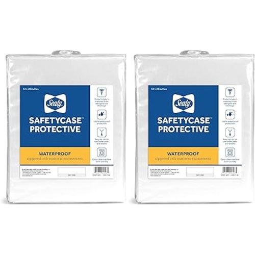 Sealy Baby SafetyCase Protective Waterproof Fitted Zippered Infant Crib Mattress Protector Pad and Toddler Bed Cover Encasement, Bug and Allergy Protection, Machine Washable, 52” x 28”- White