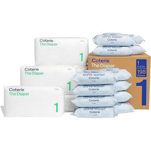 Coterie Baby Diapers + Wipes Baby Kit, Size 1 (198 Count) + 12 Wipe Packs (672 Wipes)