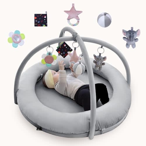Hiseeme Baby Play Gym Mat, Thick & Plush Baby Playmats, Tummy Time Mat with 5 Sensory Toys for Newborn Development, Baby Activity Gym for Infant with Non-Slip Cushioned Foam Padding (Grey)