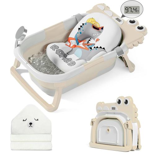 MoreFeel Collapsible Baby Bathtub for Newborn with Thermometer & 1 Hooded Towel & 1 Soft Floating Cushion,Portable Travel Bathtub with Drain Hole, Durable Foldable Baby Tubs for Infants to Toddler