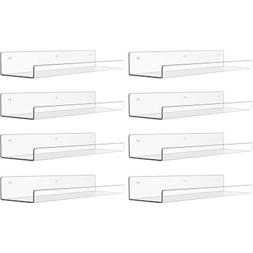 upsimples 8 Pack Acrylic Shelves for Wall Storage, 15" Floating Bookshelves for Kids, Display Shelf Organizer for Bathroom, Bedroom, Living Room Decor, Kitchen, Clear