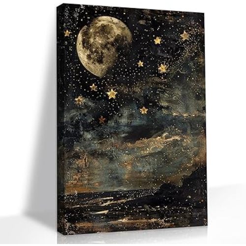QMWIDKL Vintage Dark Gothic Landscape Canvas Wall Art Retro Moon Celestial Wall Decor Cottagecore Night Star Pictures Print Romantic Academia Moody Aesthetic Painting Ready to hang(16x24 inch)