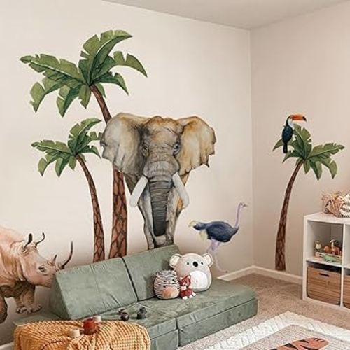 Extra Huge Safari Animals Wall Mural Sticker Peel and Stick, Textured Vinyl Elephant Wallpaper Jungle Wall Decal, Nursery Safari Animals Wall Art Decor for Boys Bedroom Playroom Kids Room