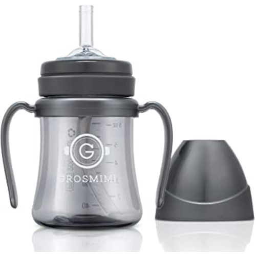 GROSMIMI Spill Proof no Spill Magic Sippy Cup with Straw with Handle for Baby and Toddlers, Customizable, PPSU, BPA Free 6 oz (Charcoal)