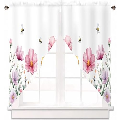 Spring Wildflowers Bees Pink Floral Swag Curtain Valance for Windows,Black Gray Window Treatments Short Swag Topper for Kitchen Windows Bathroom Bedroom,28 x 36 Inch, 1 Pair