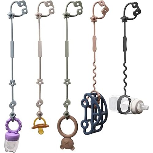 Toy Straps for Baby, 5pcs Adjustable Toy Holder for Stroller Accessories, Silicone Baby Tether Pacifier Clip, No Throw Baby Travel Essential Leash for High Chair, Car Seat (Sage)