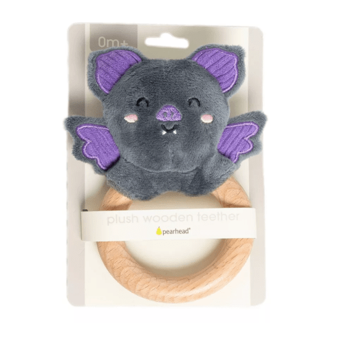 Pearhead Plush Bat Wooden Ring Teether Rattle for 0+ mo Baby Teething Toy, NEW